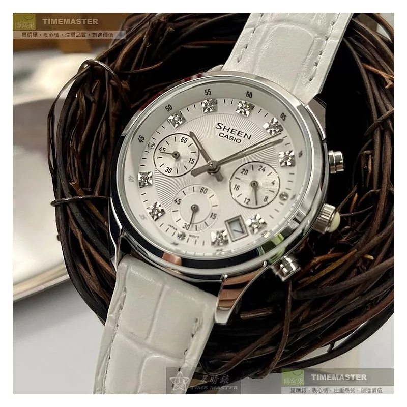 CASIO卡西歐精品錶,編號：CA00002,32mm圓形銀精鋼錶殼白色錶盤真皮皮革白錶帶