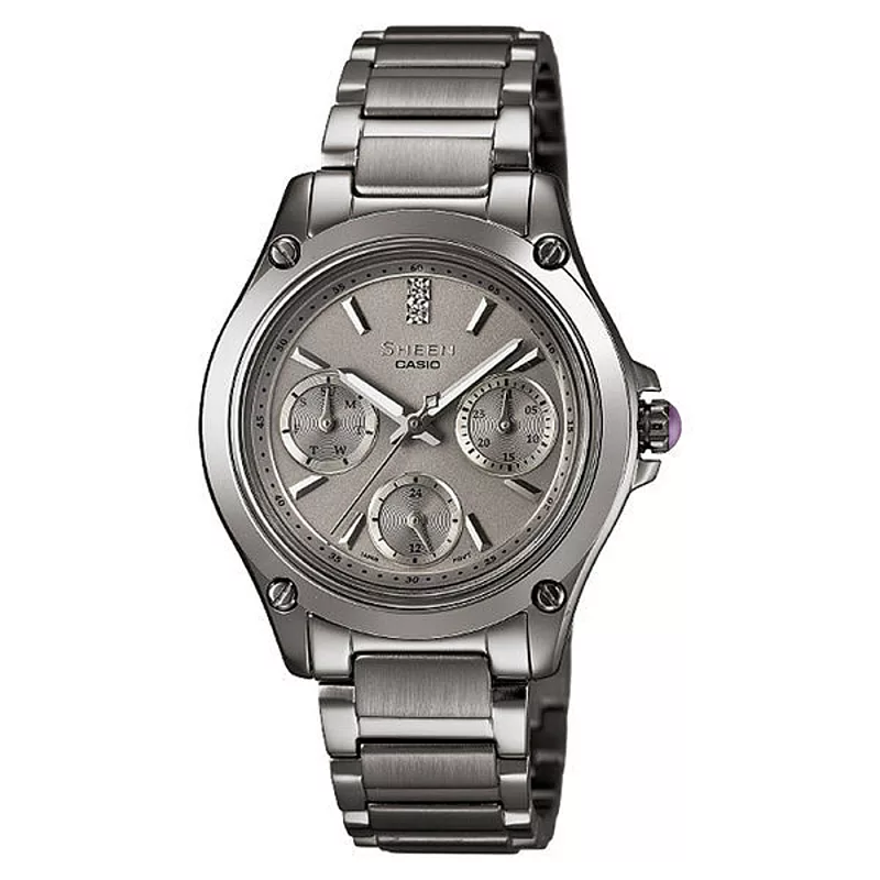 CASIO SHEEN系列 極簡典雅水晶三眼鑽錶-鐵灰