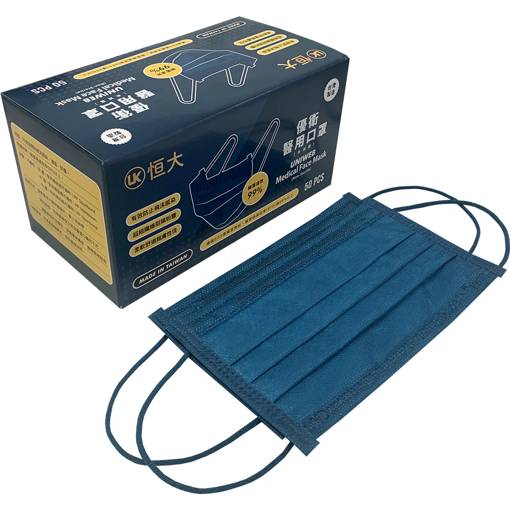 NEW HENGDA UNIWEB FACE MASKS -NAVY BLUE- (Made in Taiwan) 50pcs/Box 恒大優衛醫用口罩 50入