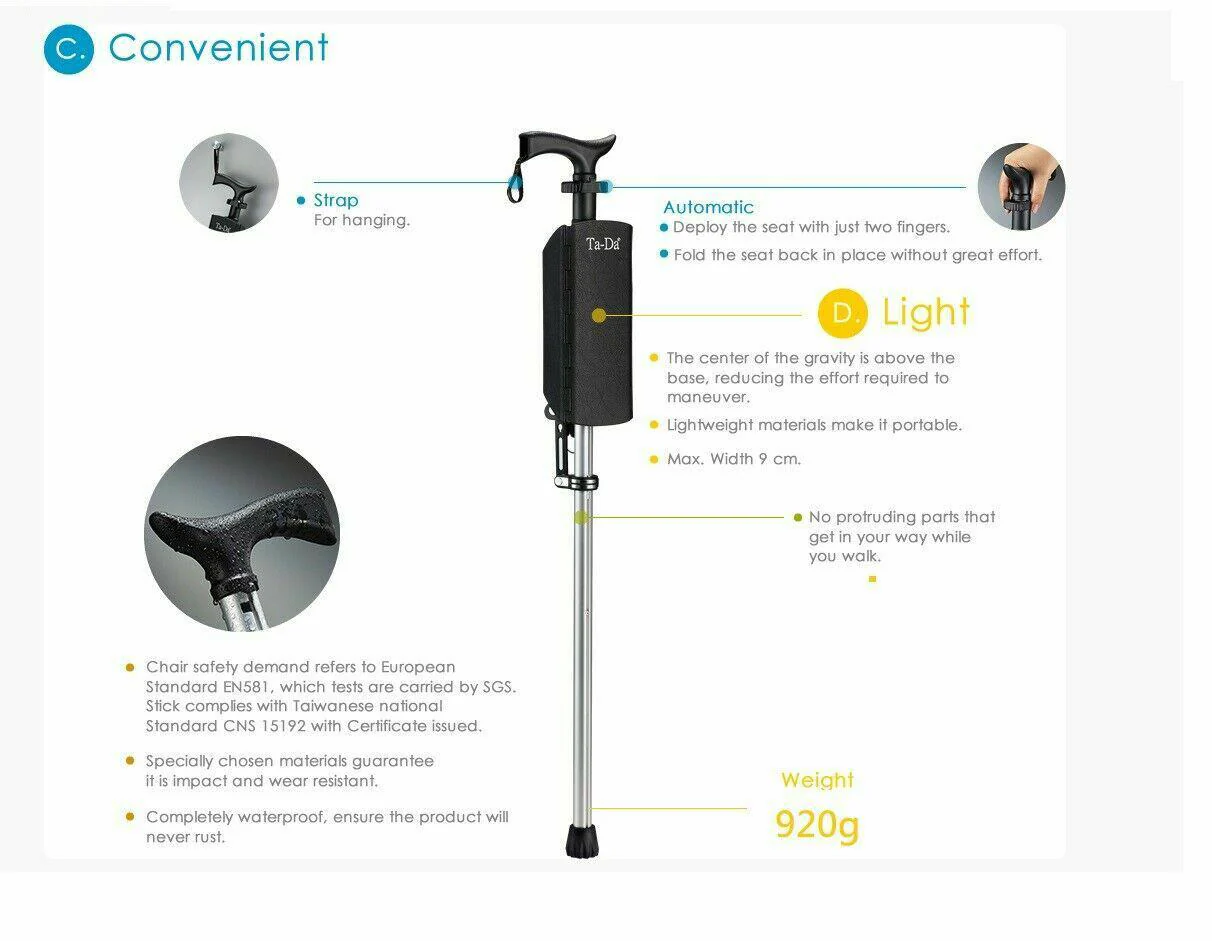 TA-DA Chair Folding Aluminium Seat Cane Walking Stick 2lbs 85cm Size: M (PINK) - Image 6
